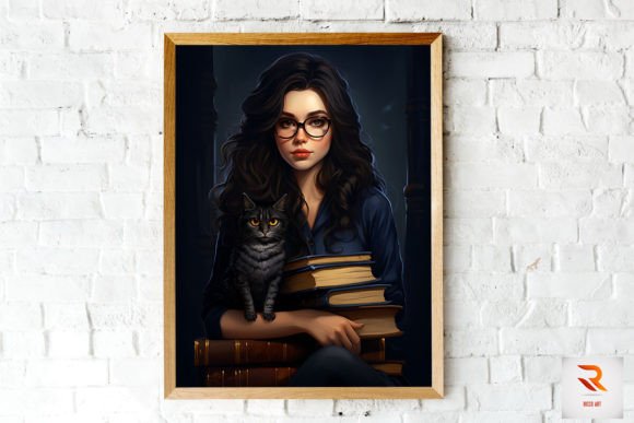 Beautiful Young Witch Loves Books Cat