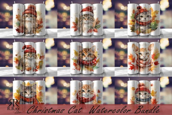 Christmas Cat Vintage Watercolor Bundle