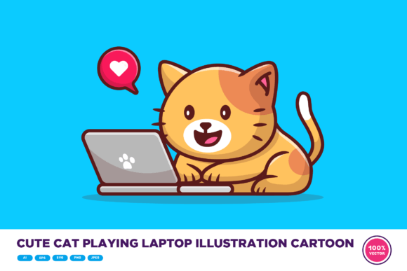 Cute Cat Playing Laptop Illustration