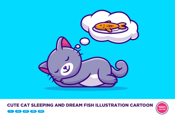 Cute Cat Sleeping and Dream Fish Cartoon
