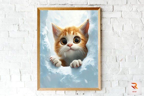 Cute Kitten Cat Peeking from Snow Wall
