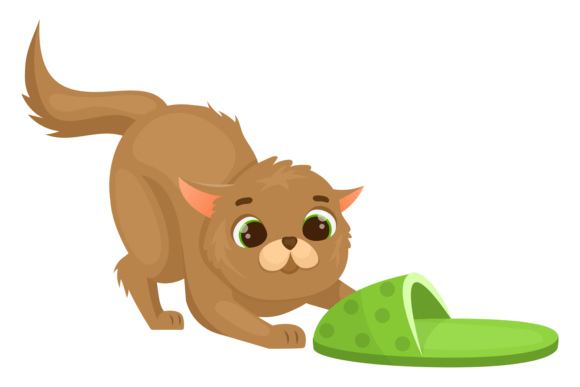 Kitten Playing with Slipper. Cartoon Fun