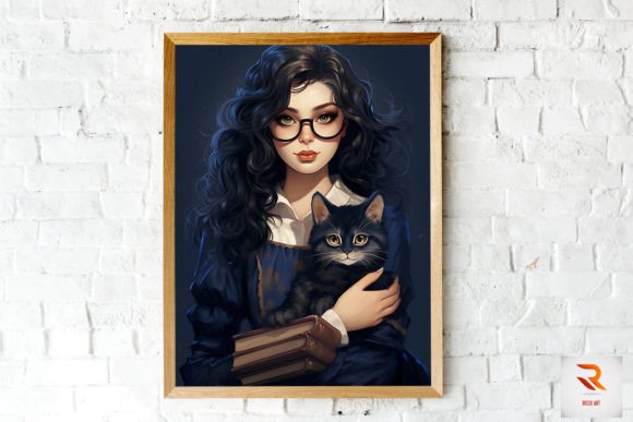 Pretty Witch with Books Black Cat